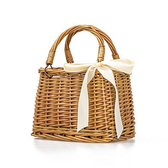 Natural Handwoven Wicker Handbag, Rectangular Basket Purse, Women Straw Tote Rec - Picture 1 of 5